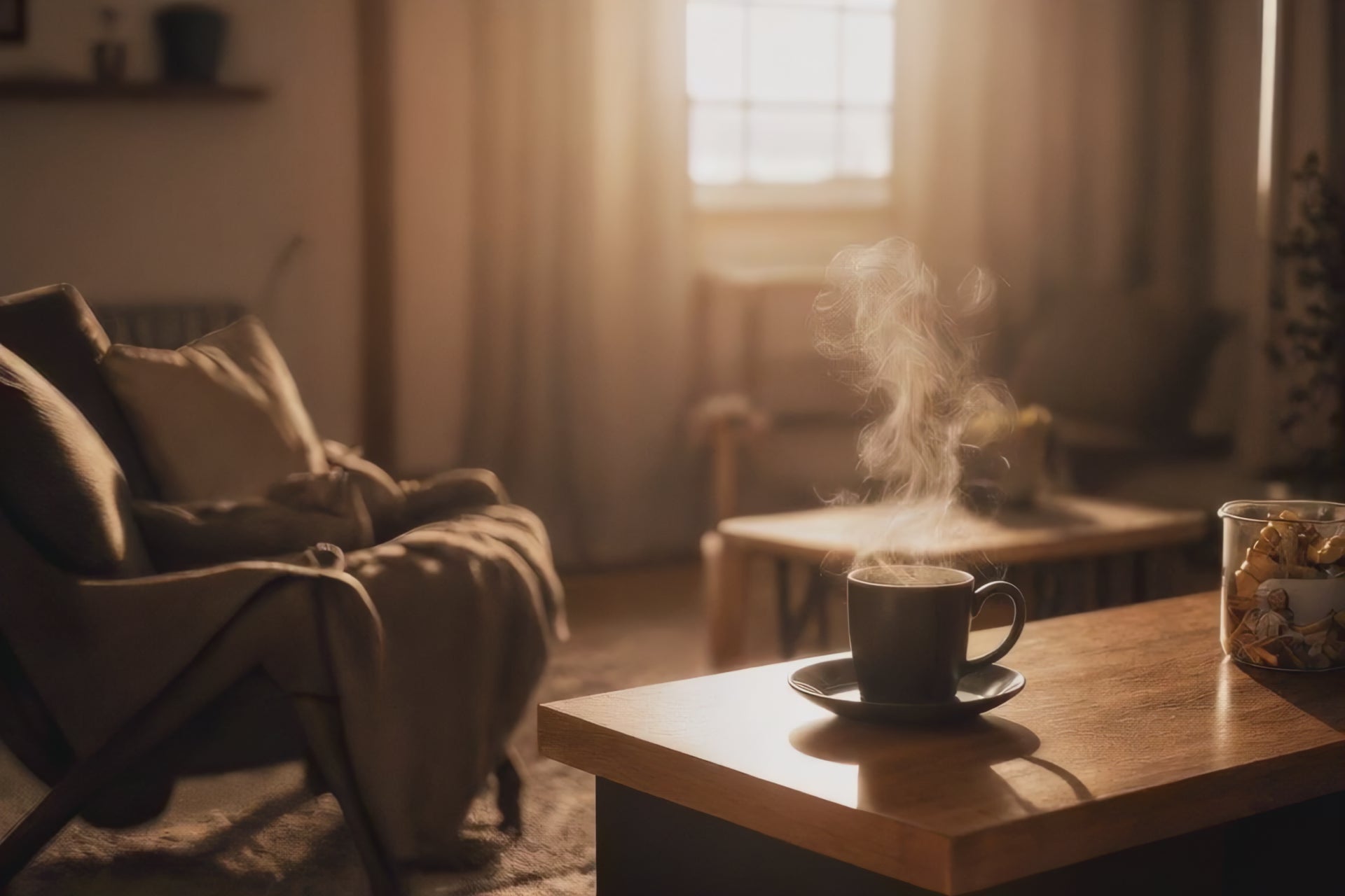 Café caliente en taza sobre mesa de madera en salón cálido – OmniMarket