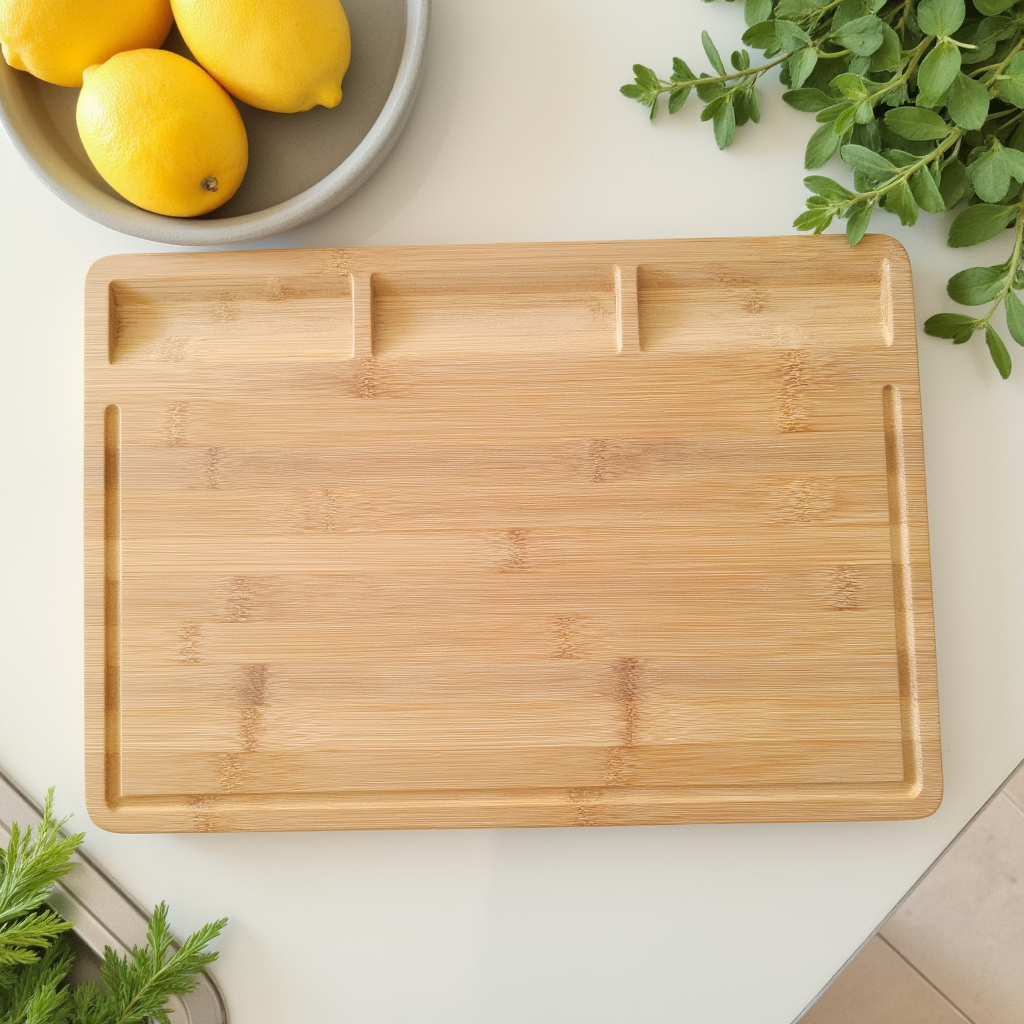 La tabla de cortar OmniMarket, fabricada en bambú natural, ofrece una superficie amplia y resistente, ideal para cortar frutas, verduras o carnes. Su diseño acanalado evita que los jugos derramados se extiendan por la encimera, aportando orden y funcionalidad a tu cocina.