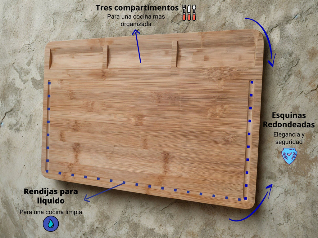 La tabla de cortar OmniMarket está diseñada para una cocina organizada y práctica. Sus tres compartimentos permiten separar ingredientes, mientras que su canal evita el derrame de líquidos. Las esquinas redondeadas aportan elegancia y seguridad al uso diario.