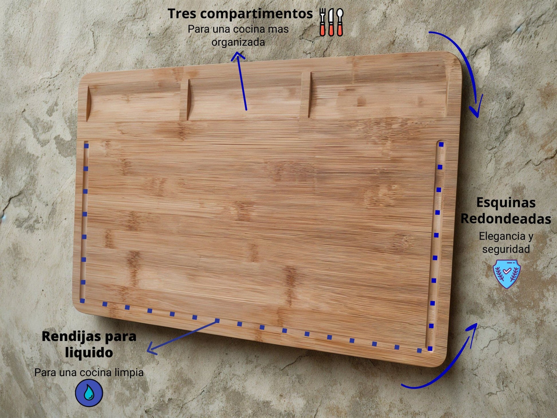 La tabla de cortar OmniMarket está diseñada para una cocina organizada y práctica. Sus tres compartimentos permiten separar ingredientes, mientras que su canal evita el derrame de líquidos. Las esquinas redondeadas aportan elegancia y seguridad al uso diario.