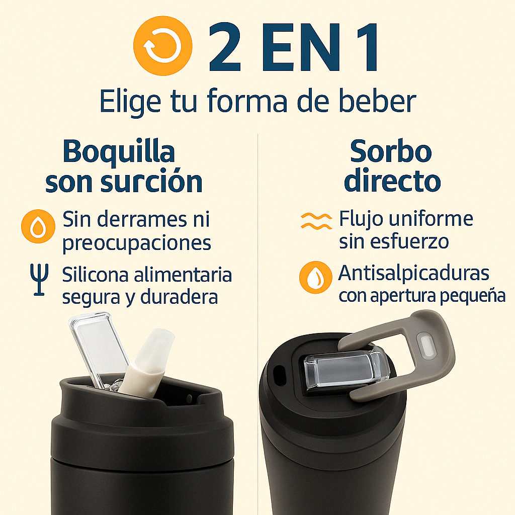 La taza térmica OmniMarket ofrece dos formas cómodas de beber: mediante boquilla de silicona alimentaria o sorbo directo desde una apertura reducida. Su tapa hermética evita derrames y se adapta a distintos usos diarios.
