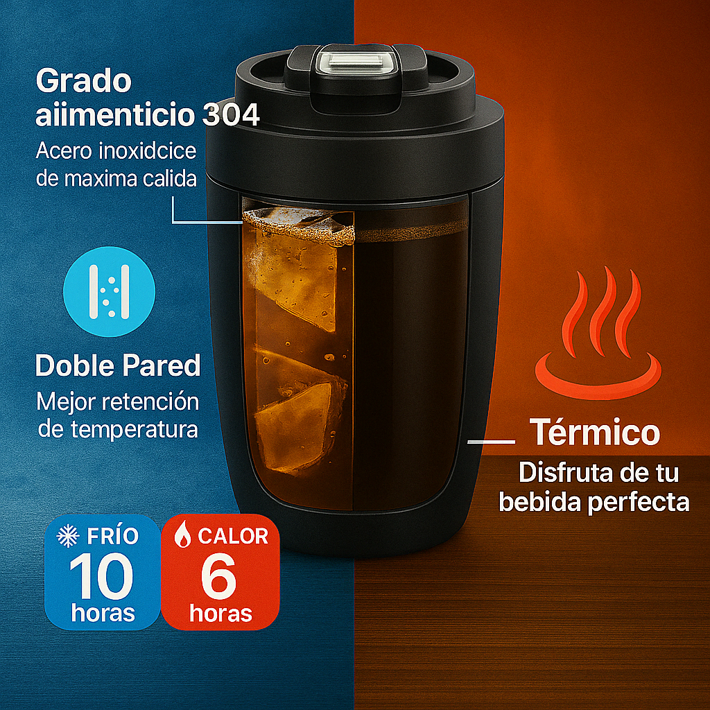 La taza térmica OmniMarket está fabricada en acero inoxidable 304 de grado alimenticio. Gracias a su doble pared, mantiene las bebidas frías hasta 10 horas y calientes hasta 6. Ideal para uso diario en casa, oficina o al llevarla contigo.