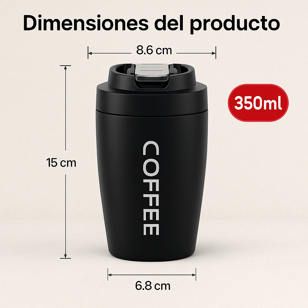 La taza térmica OmniMarket tiene una capacidad de 350 ml y un diseño ergonómico: 15 cm de alto, 8,6 cm en la parte superior y 6,8 cm en la base, ideal para la mayoría de portavasos de coche.