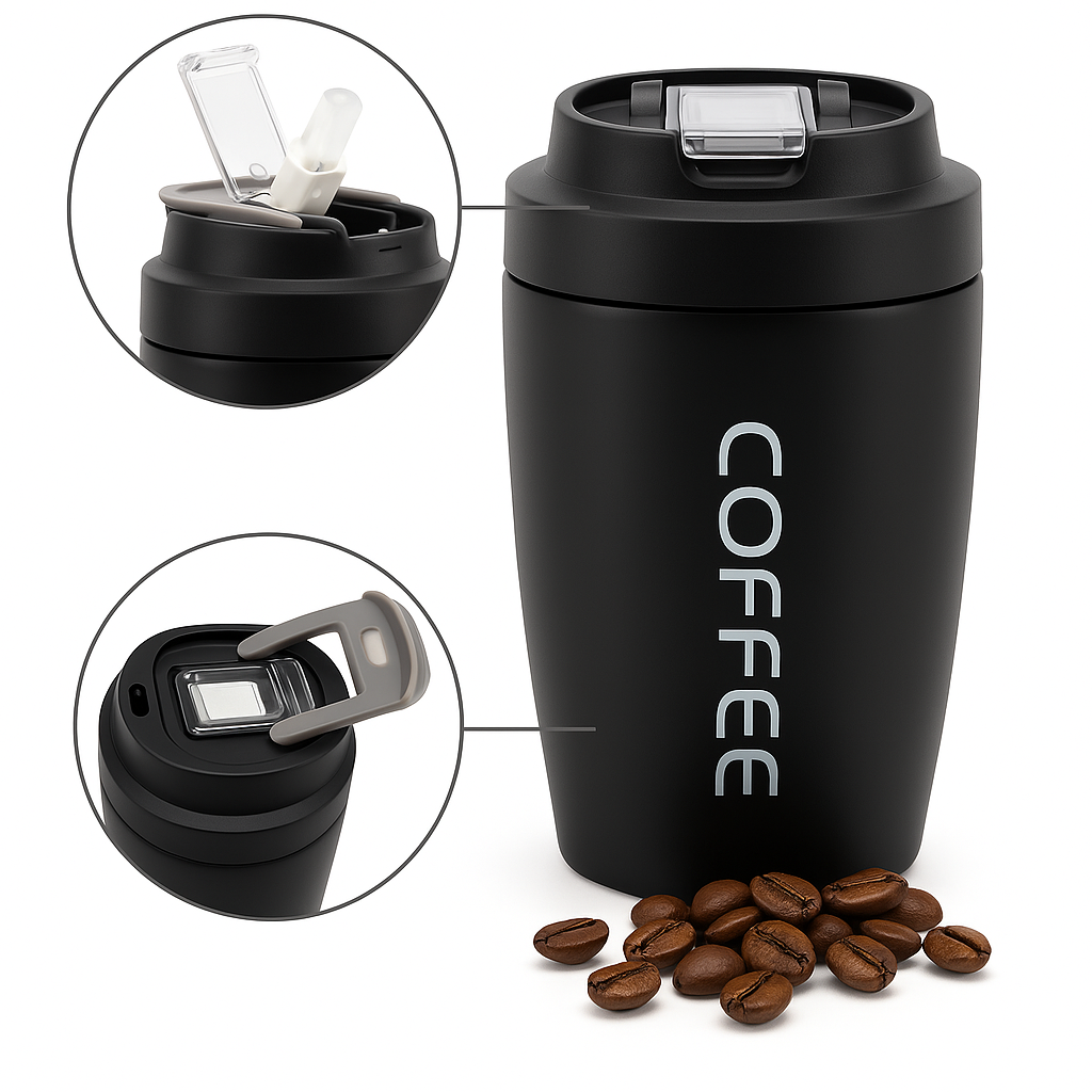 Vista general de la taza térmica de 350 ml de OmniMarket, con detalle ampliado del sistema de apertura: incluye boquilla de silicona alimentaria y modo de sorbo directo. Su diseño ergonómico asegura comodidad al beber y tapa totalmente hermética.